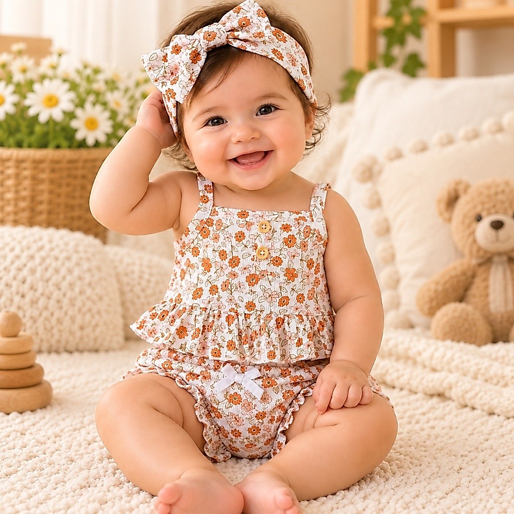 Conjunto Infantil Bebê Menina 3 Peças – Look Floral com Blusa, Short e Faixa Combinando, Macio e Respirável, 60% Algodão