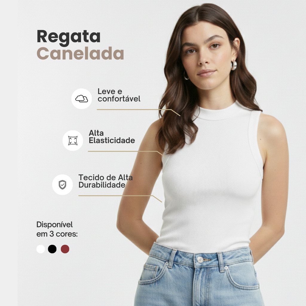 Regata Feminina Canelada Algodão com Elastano Premium Ribana Blusinha Básica Estilosa Alta Qualidade