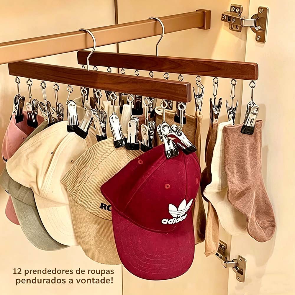 Kit 12 Cabide de Madeira Adulto Com e Sem Presilha - Organizador para Guarda-Roupa
