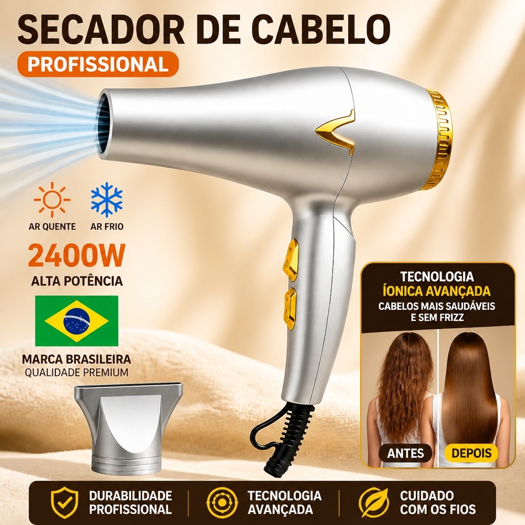 Secador de Cabelo Profissional 2400W Íons Negativos Baixo Ruído 220V Secador de Cabelo Para Cabelo Cacheado