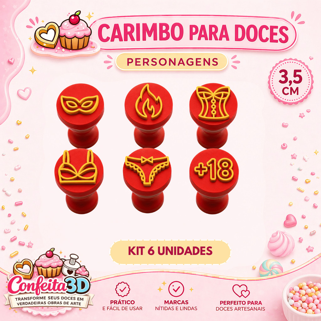 Kit 6 Carimbos para Doces +18 | Carimbos Decorativos para Brigadeiros, Docinhos e Pasta Americana | Confeita3dDocinhos f