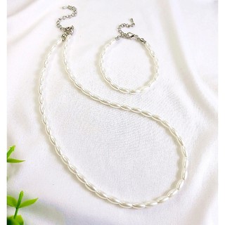 2 pçs Kit Colar e Pulseira Grão de Pérola (4mm) - Pérolas Grão Feminino / Masculino - Corrente Aço Inox (Não Escurece)