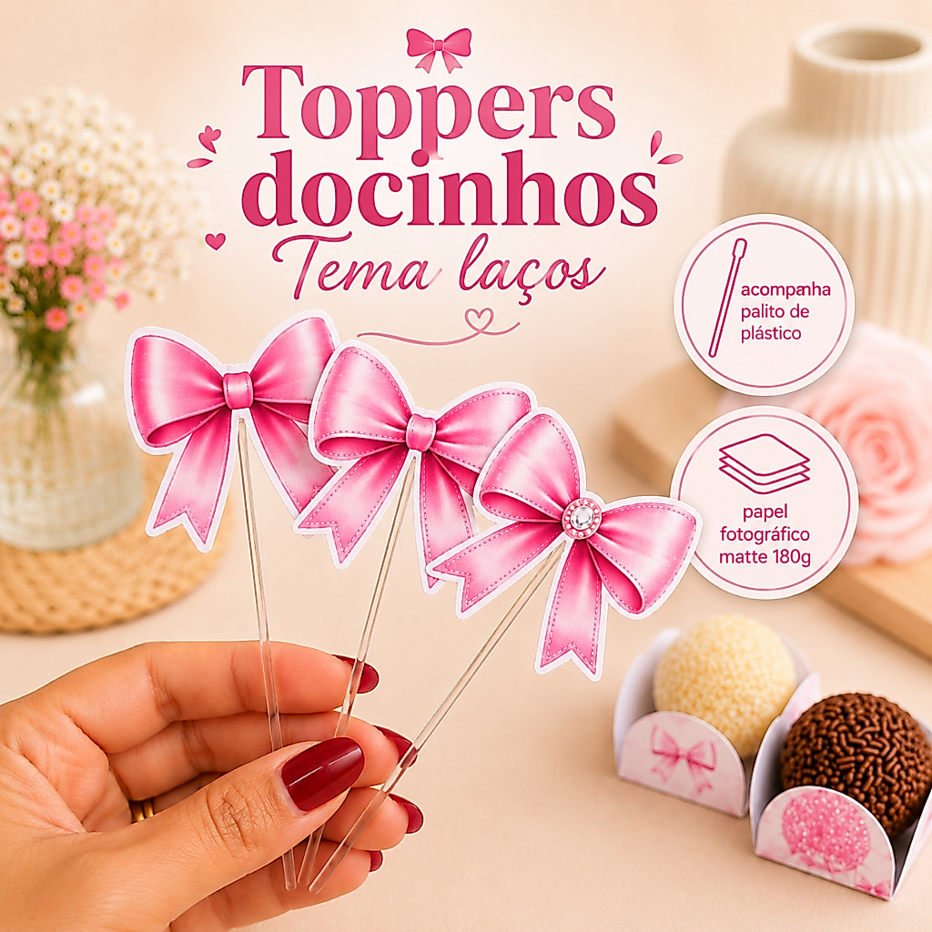 Topper docinhos Festa Laços rosa- Topo de doces- Forminhas- Decoração- Aniversário- Lembrancinhas personalizadas
