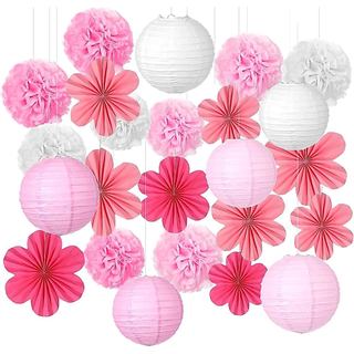 Oqqlin Kit de 24 Peças de Lanternas de Papel Rosa, Leques de Papel, Pompons de Papel, Serpentinas, Leques de Flores Rosa