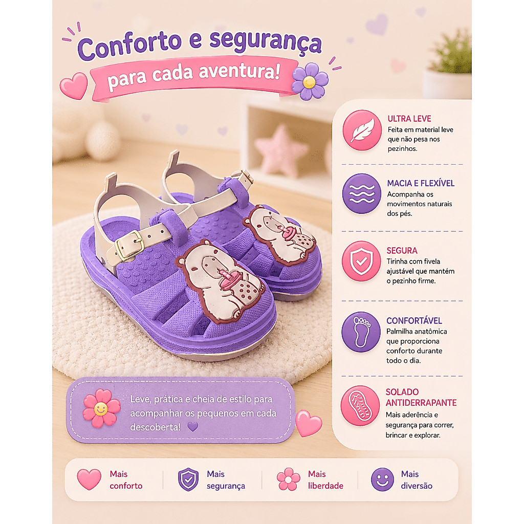 Sandália Infantil Baby Menina Personagem 3D Antiderrapante Leve Macia Segura Confortável Dia a Dia