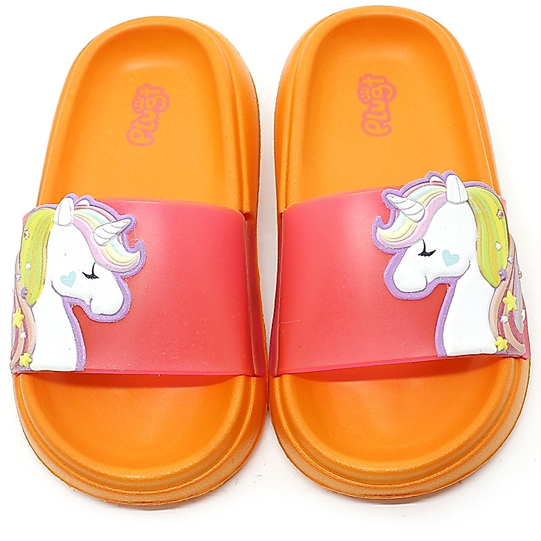 Slide Chinelo Infantil Menina Plugt Floquinho Brilho EVA Unicórnio Laranja Confo