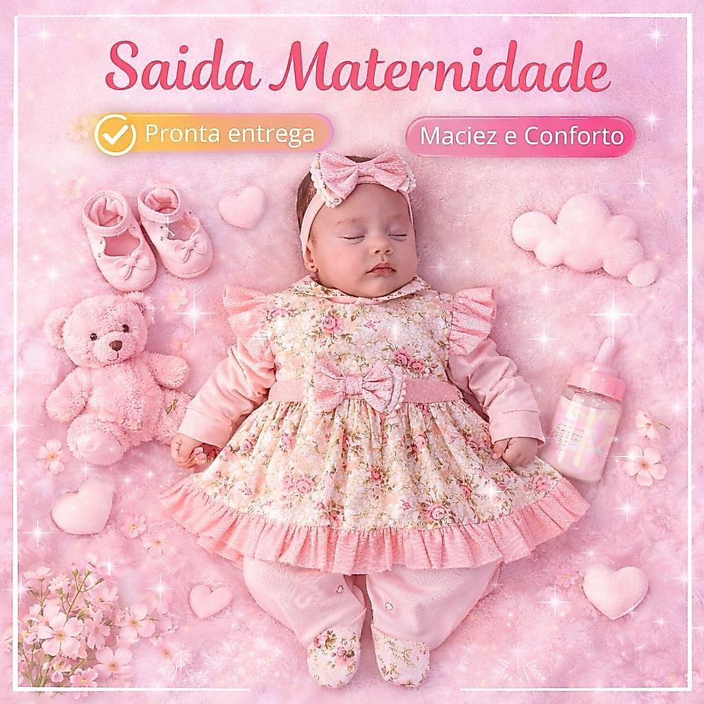 Saída Maternidade Menina Luxo 5 Peças Floral RN 100% Algodão – Macacão Vestido Faixa Manta e Luvas