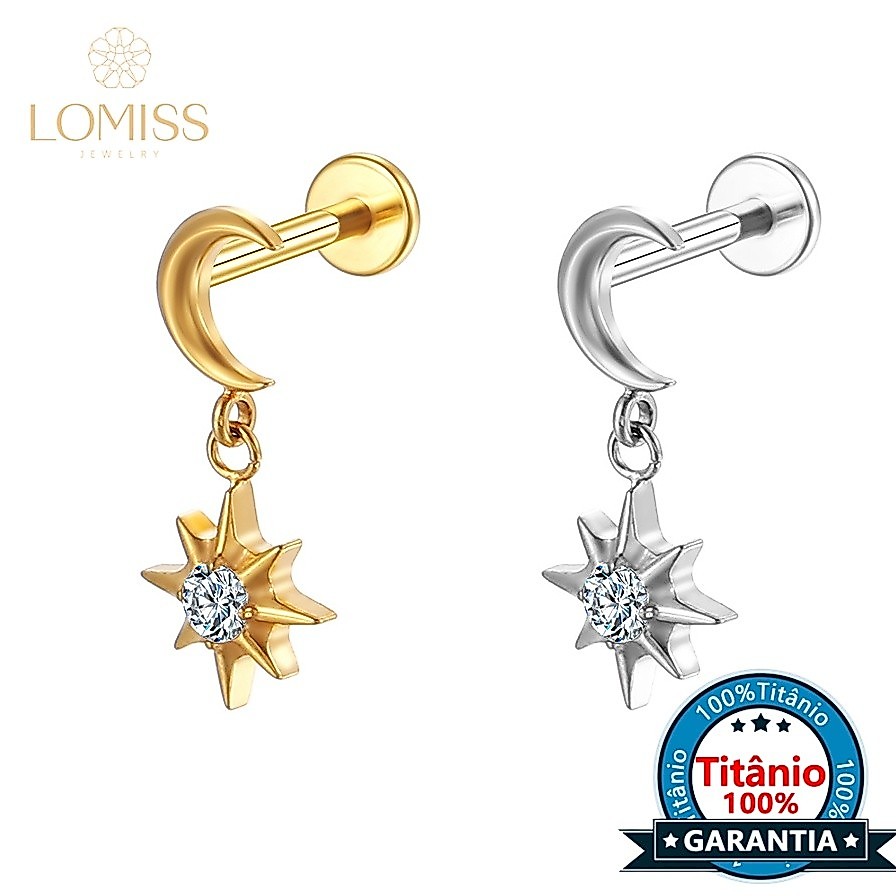 Lomiss Piercing Helix Tragus Conch Nariz Labret Titânio Lua Com Pingente Estrela Zircônia