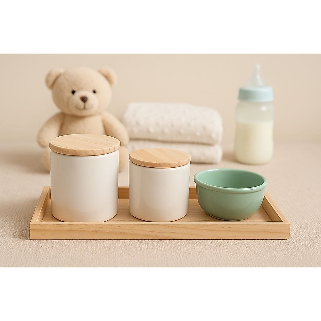 Kit Higiene para Bebê com Bandeja de Madeira e Potes de Cerâmica