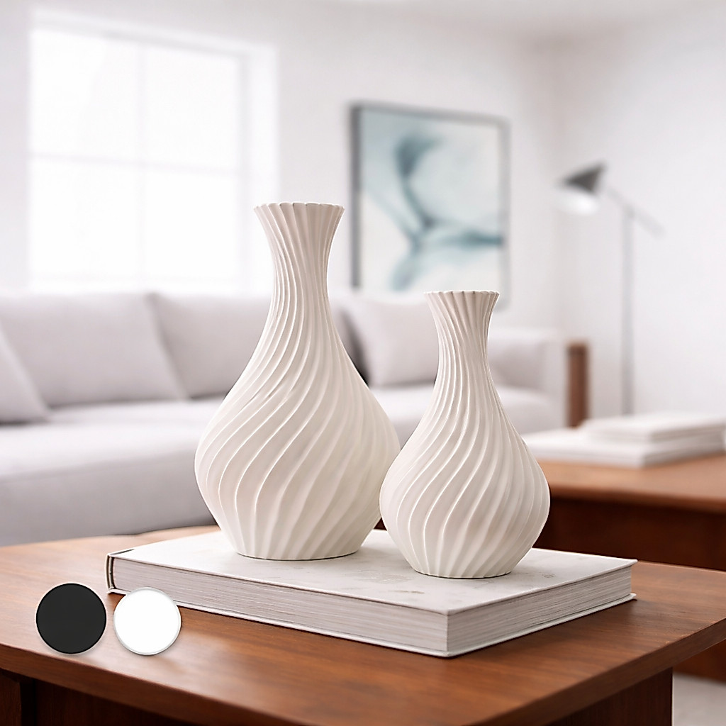 Kit 2 Vasos Decorativos Modernos em Plástico Espiral para Sala Mesa Aparador Branco ou Preto