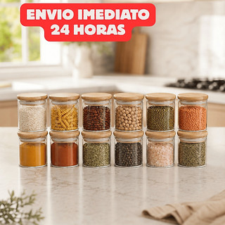Kit 12/6 Potes de Vidro 200ml com Tampa de Bambu Hermético Mantimentos Condimentos Empilh…