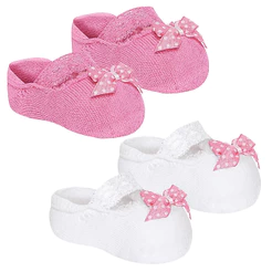 Meia Sapatilha Algodão C/Laço e Renda Bebê 2 Pares Selene