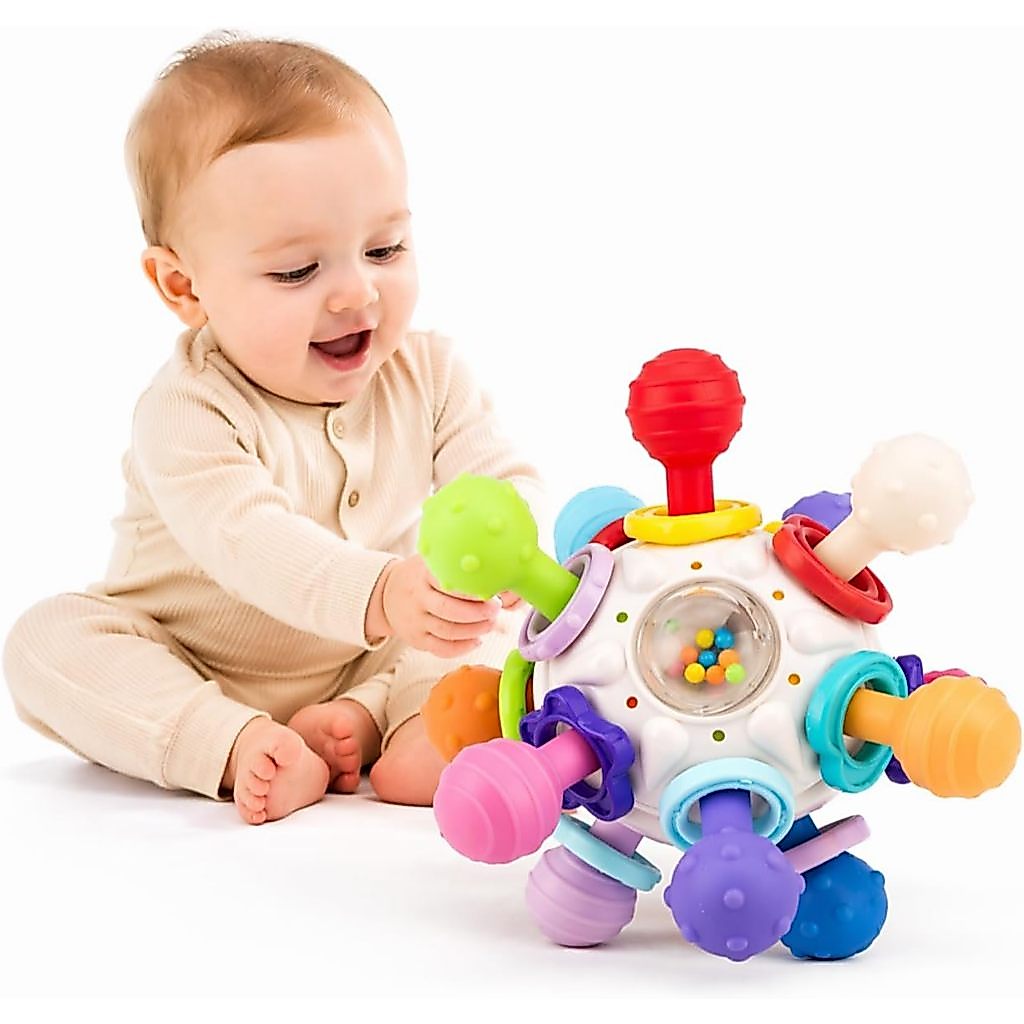 Brinquedo Mordedor Bola Sensorial Macio Chocalho para Bebês Estimula a Dentição