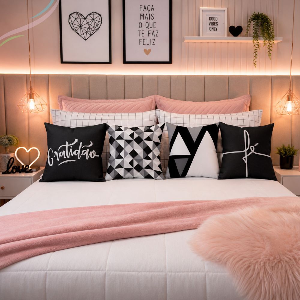 04 Almofadas Cheias 45x45cm Estampadas com Zíper Luxo Moderna para Quarto de Menina Decoração