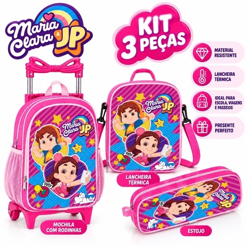 Kit Mochila Maria Clara e JP Feminina de Rodinha  Lancheira Térmica + estojo