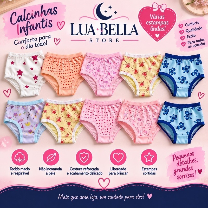 KIT Calcinhas Infantil Menina 100% Algodão Estampadas Confortáveis Roupa Íntima Infantil 5/10