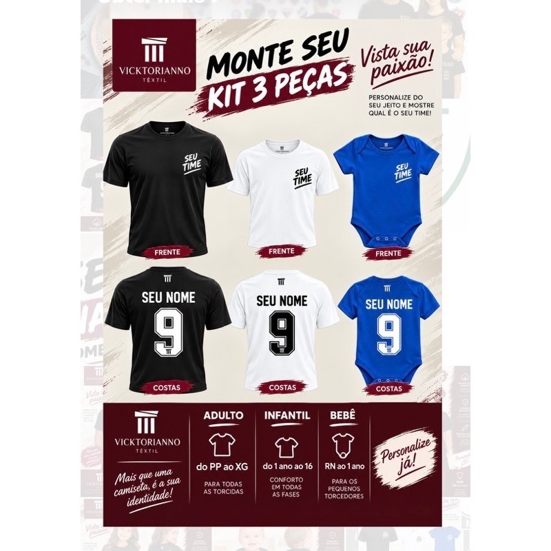 Personalize seu  KIT Com 3 Camisetas Familia com nome número time
