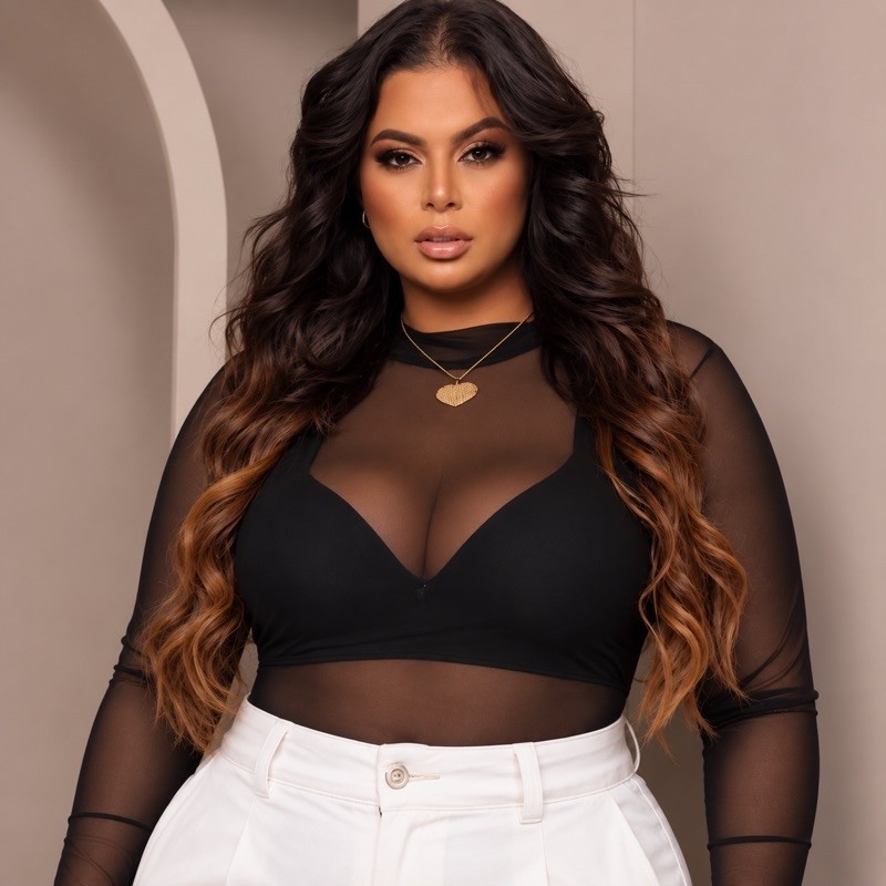 Body Feminino Plus Size Tule Transparente Manga longa Gola Alta