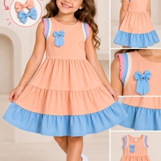 Vestido Infantil Menina 2 ao 8 anos Com Kit Laço Algodão Premium Cores Toque Suave Três Marias .