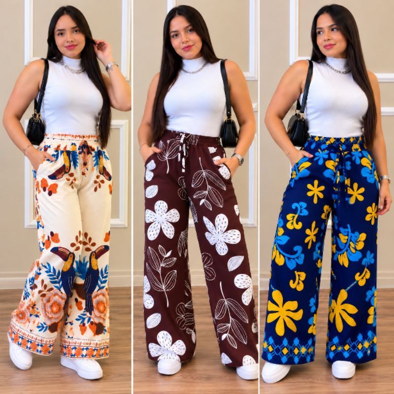 Calça pantalona estampada, tecido Crepe Duna, tecido confortável e não amassa,Tamanhos P,M,G e GG