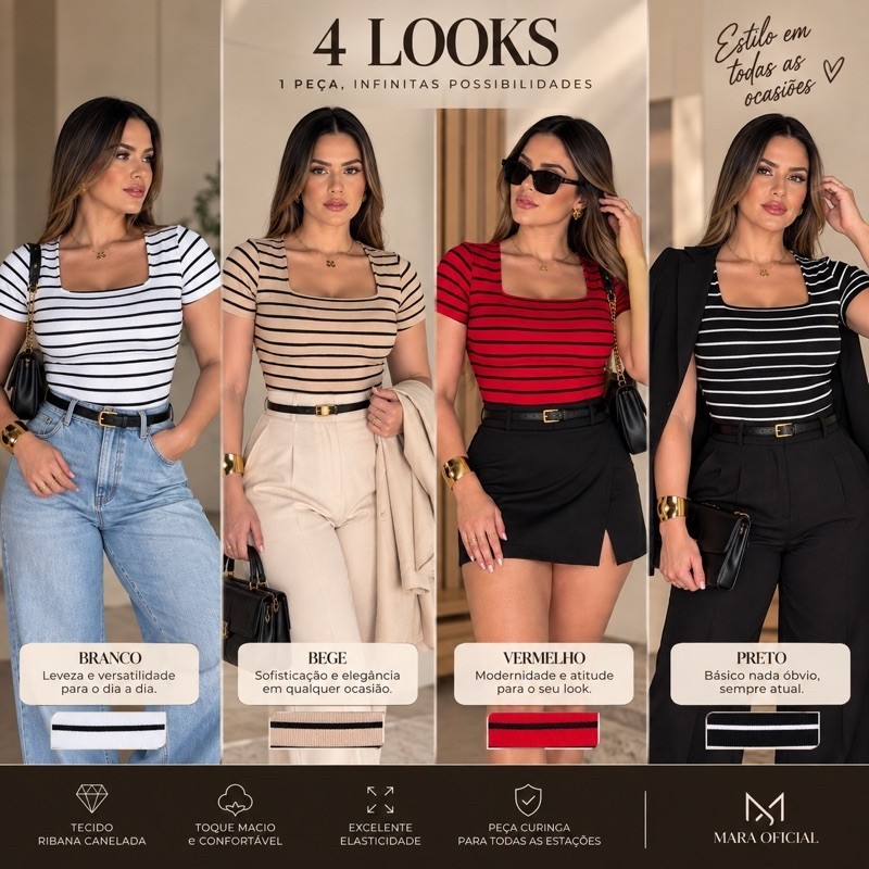Blusa Feminina Ribana Canelada Listrada • Gola Quadrada Premium Manga Curta Casual