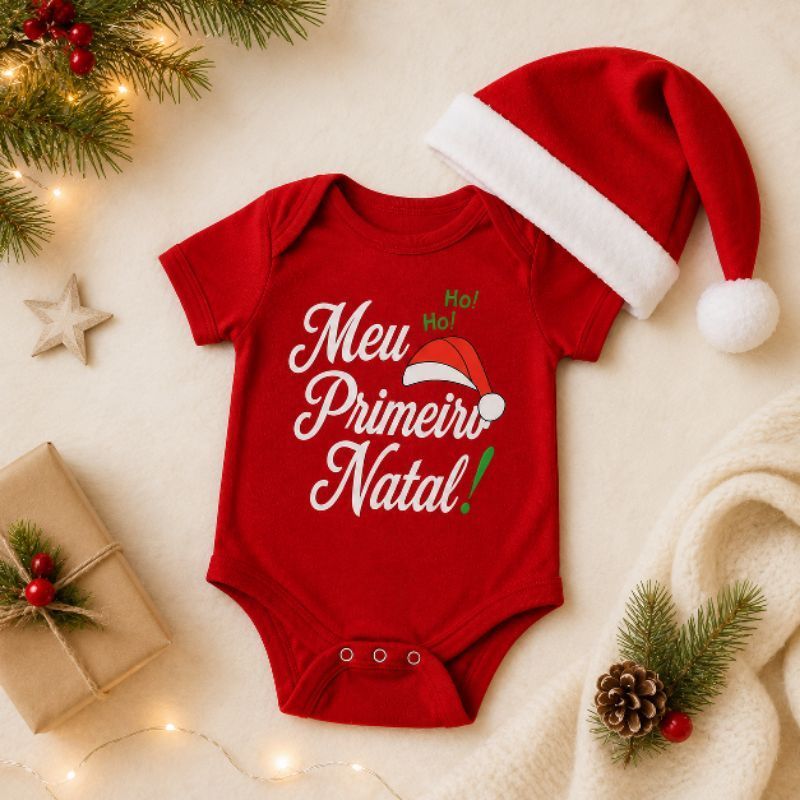 Body Bebê Primeiro Natal Família + Touca Papai Noel Mamãe Noel Mesversaio Temático Unissex — imagem 2 de 2
