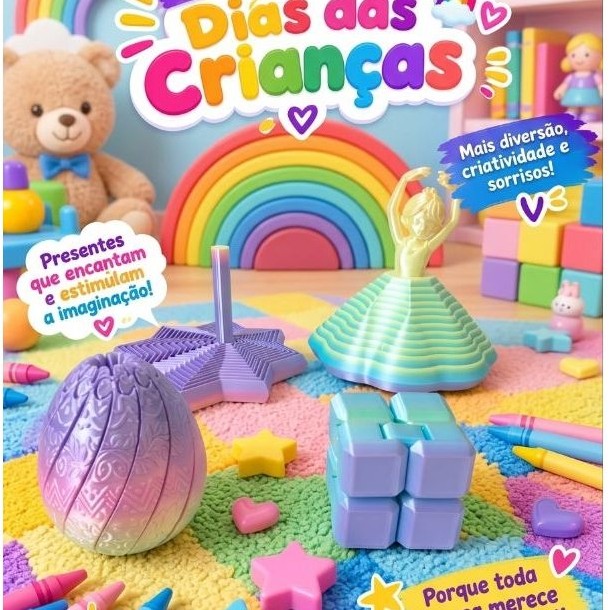 ​✨ Kit Sensorial Fidget Toys 3D Rainbow Dia das Crianças - Ovo, Estrela Giratória, Cubo e Bailarina ✨

