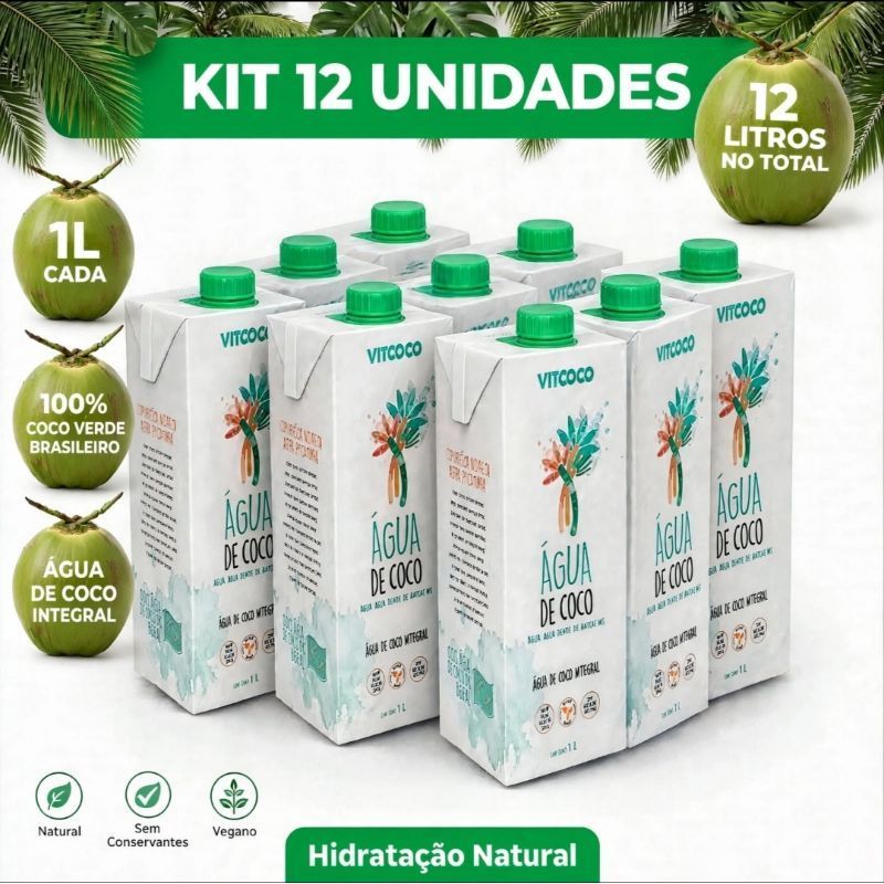 Kit 12 Água De Coco Vitcoco 1 Litro Integral 100% Água De Coco Sem Adição De Açucares