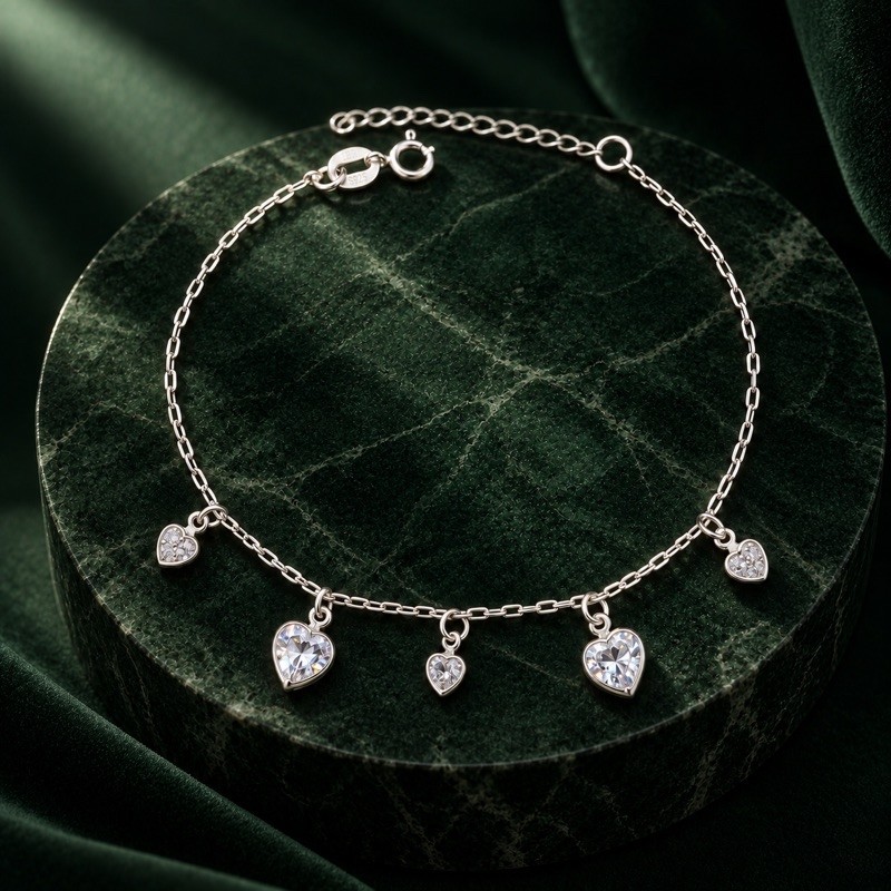 Pulseira Feminina Corações Transparentes em Prata 925 Delicada