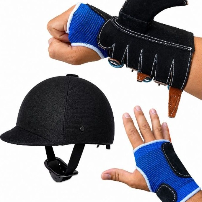 kit capacete hipismo+ luva + munhequeira vaquejada 5 atacas couro vaqueiro