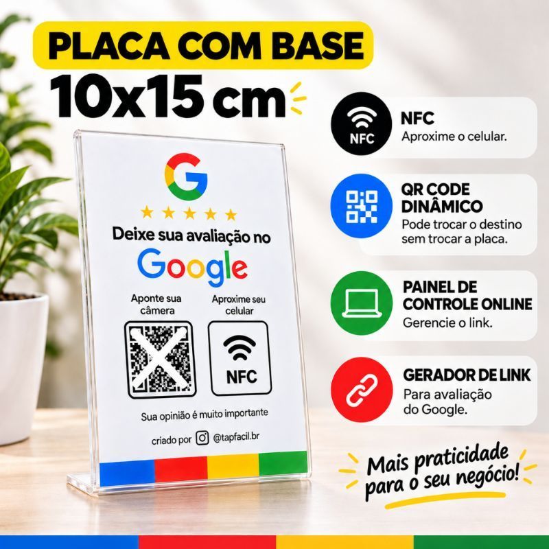 Placa Google Avaliações NFC + QR Code | Display de Mesa 10x15cm