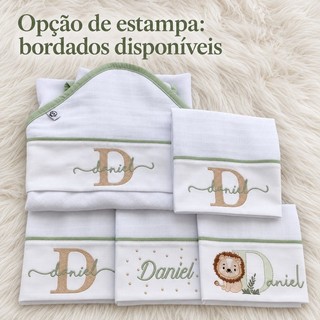 kit fraldas premium contendo 1toalha de banho fralda  capuz+3 fraldinhas 35x40 boca e 1 ombro 40x50 personalizadas
