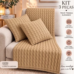 Kit Pezeira Tricô 3 Peças 2,10x60 com 2 Capas de Almofada 45x45 para Cama e Sofá