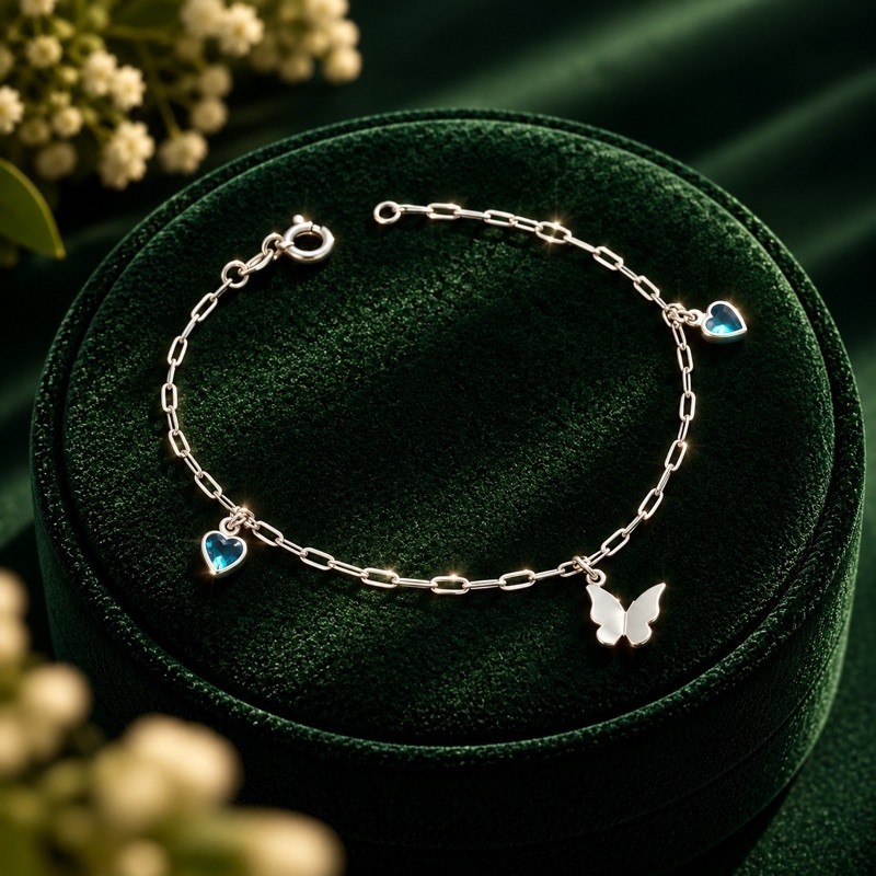Pulseira Feminina Borboleta com Corações Azuis em Prata 925