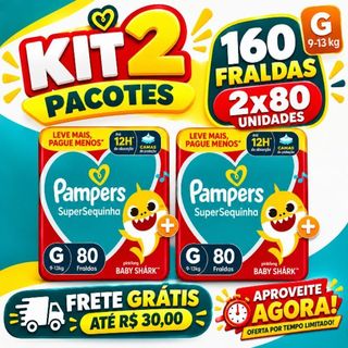 FRALDA PAMPERS SUPERSEQUINHA - KIT 2 PACOTES - TAMANHO G - TOTAL DE  160 UNIDADES - BABY SHARK