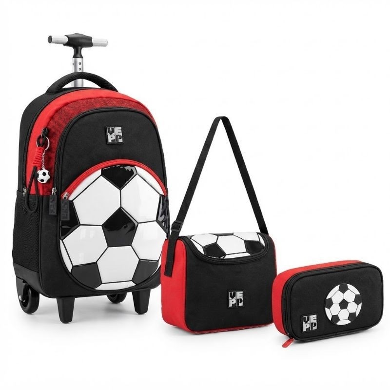 Kit Mochila Rodinhas Escolar Bola Futebol Grande Reforçada Lancheira + Estojo Chaveiro