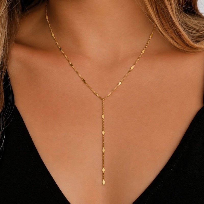 Colar Gravatinha Feminino em Aço Inoxidável | Colar Y Delicado com Discos