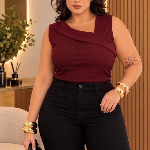 Blusa Feminina Plus Size Regata Canelada Estilosa Ribana Decote Cruzado Casual Elegante Moderna Trabalho GG G1