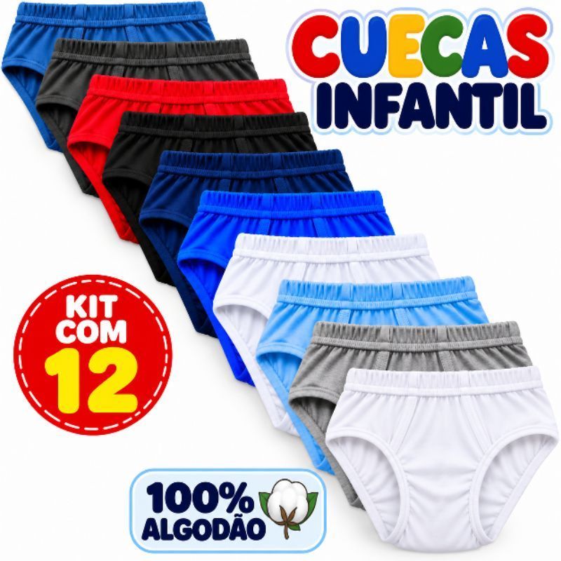 Kit Com 5 Ou 12 Cueca Infantil 100% Algodao  Cores Sortidas