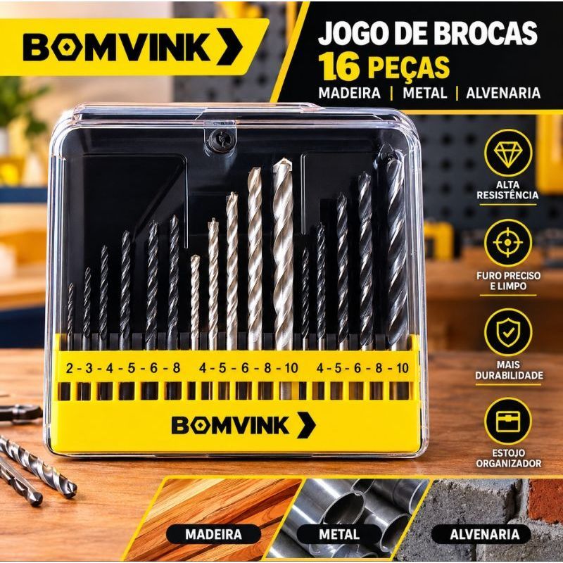 Kit Jogo 16 Brocas Estojo Ferro Concreto Madeira Videa Aço Para Furadeira - HSS Aço Rápido