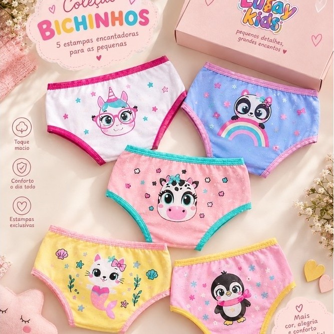 kit 5 Calcinhas Infantis em Algodão Estampas Sortidas