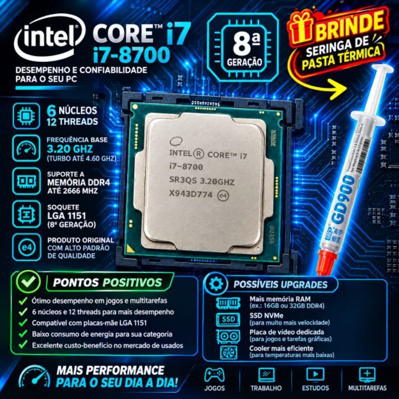 Processador Intel Core i7-8700 8ª Ger 3.2GHz (Turbo 4.6GHz) 6 Núcleos 12 Threads Brinde - Seringa de pasta térmica