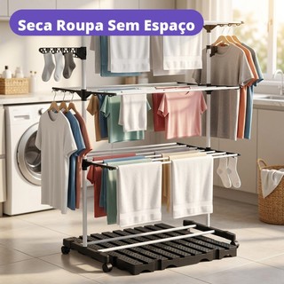 Kit Varal de Chão 3 Andares Bandejas Cabideiro Preto e Piso Estrado 50x50 Secar Roupas Lavanderia