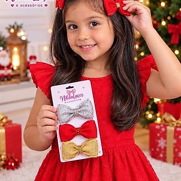 kit 2 laços Natal infantil l vermelho borda dourado