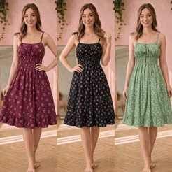 Vestido Midi Feminino Com Forro Alça Ajustável Korean Style Estampa Floral e Variadas