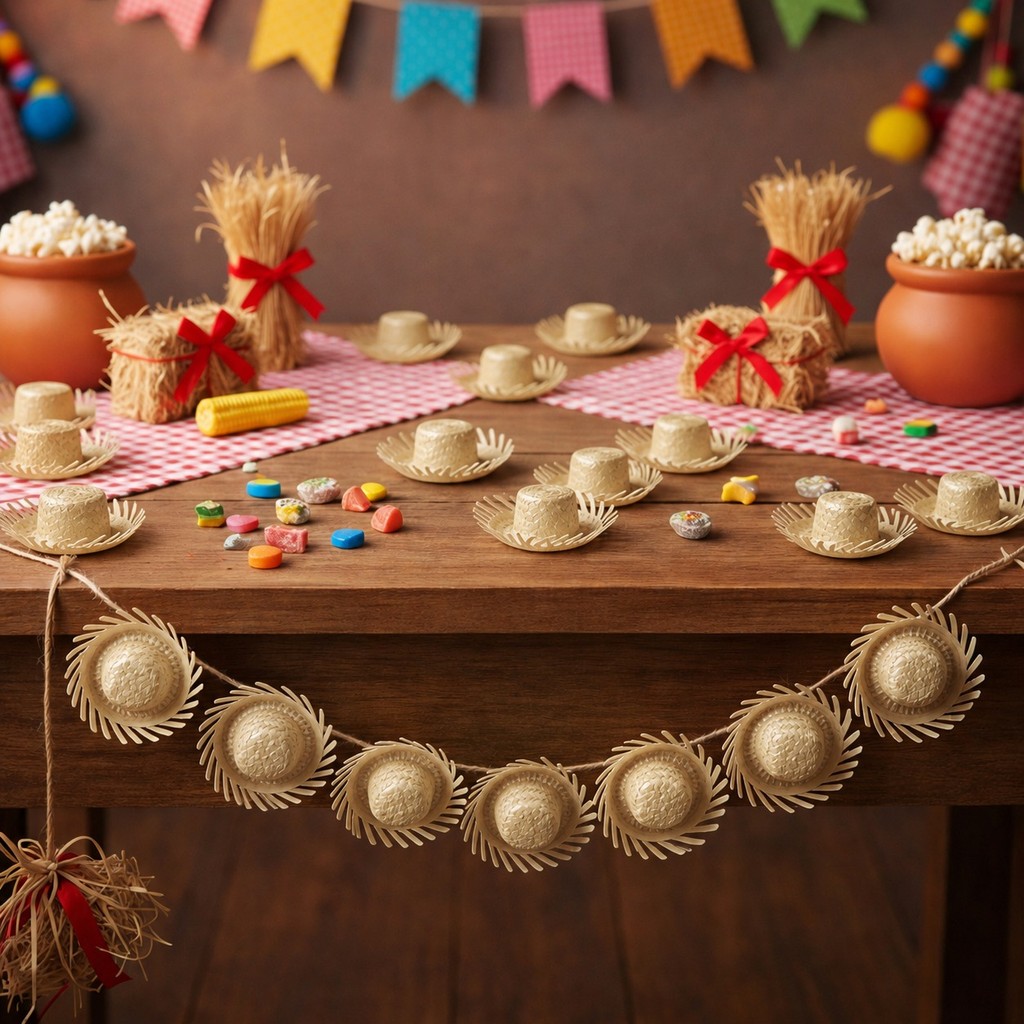 Kit 25 Mini Chapéu Cor Palha De Plástico Festa Junina Decoração Doce