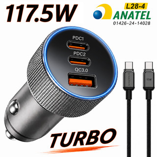 3 PORTES Carregador Celular Veicular Turbo 2 TIPO C +1 USB Carregamento Rápido Origina