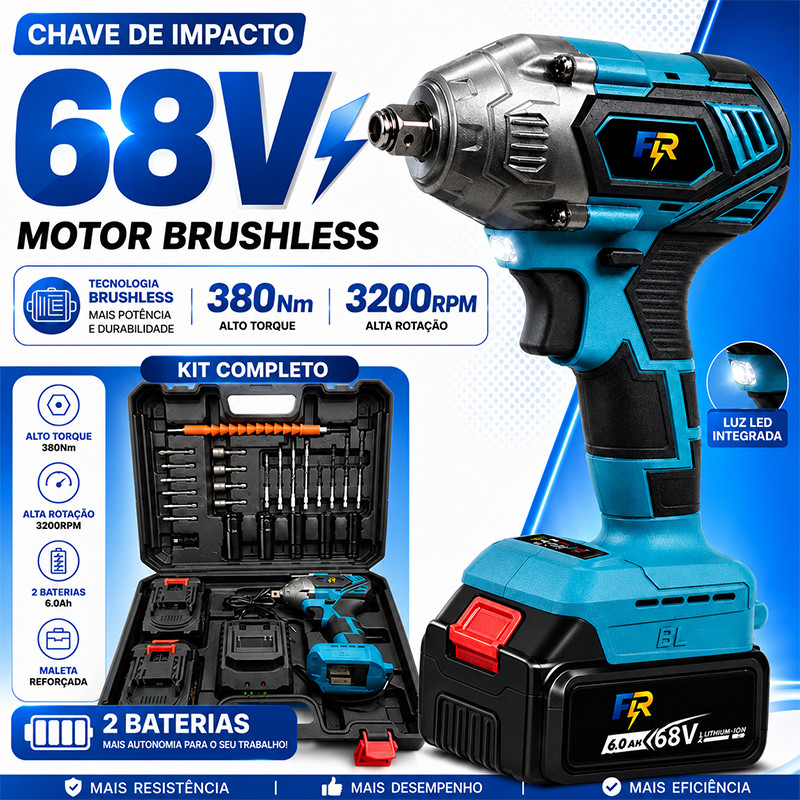 Chave de Impacto Elétrica Sem Fio Com 68V Bateria Motor Brushless Kit Completo Acessórios