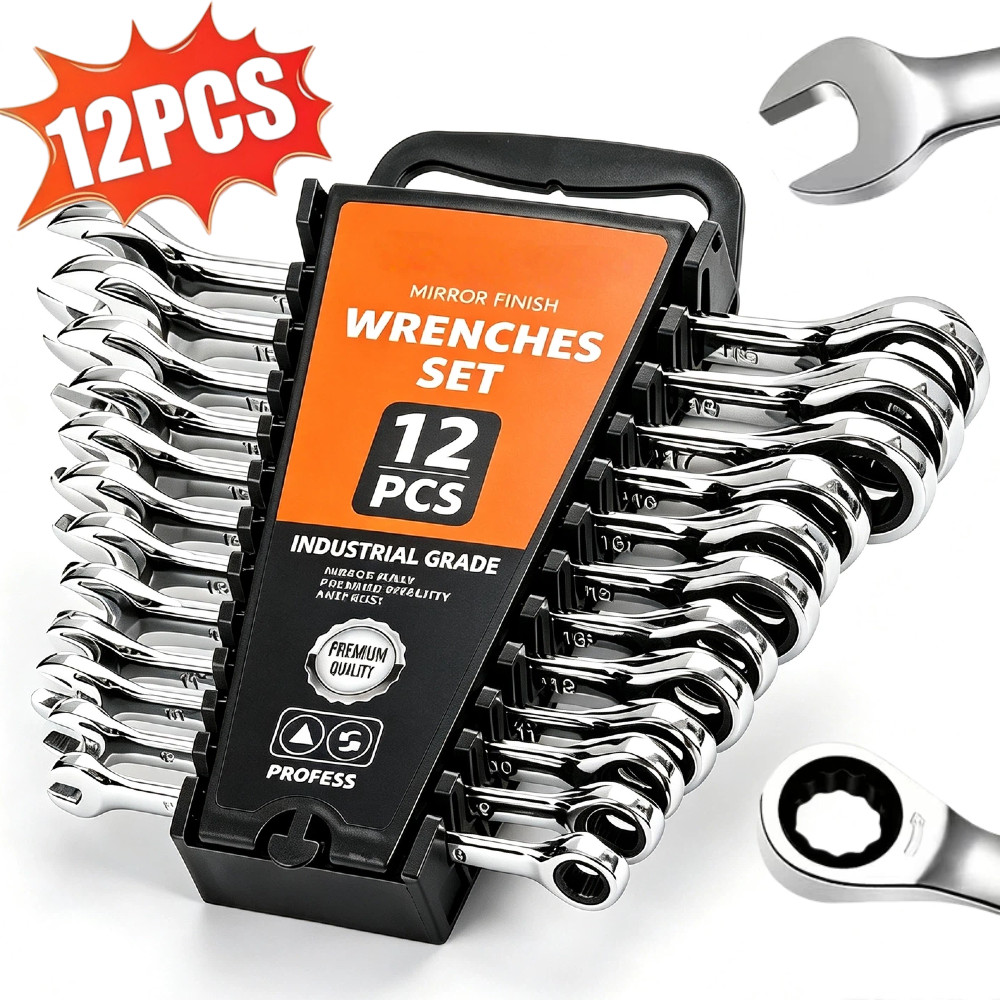 Kit 12 Chaves Combinadas com Catraca Aço Cromo Vanádio Placado Espelho Resistente, 6mm a 19mm para Oficina Mecânica