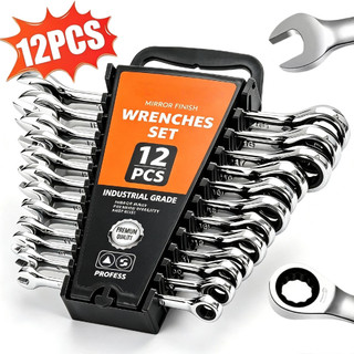 Kit 12 Chaves Combinadas com Catraca Aço Cromo Vanádio Placado Espelho Resistente, 6mm a 19mm para Oficina Mecânica